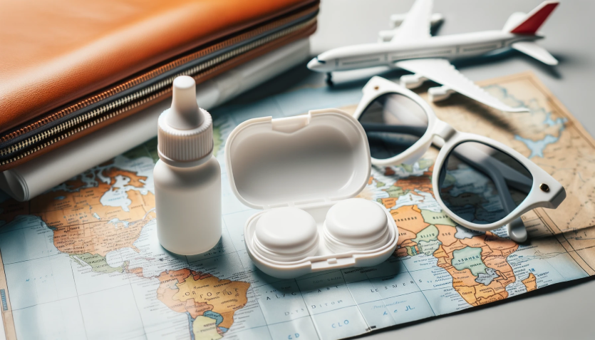 Kontaktlinsen Reiseset, das Foto zeigt eine Weltkarte ein kleines Flugzeug, eine Sonnenbrille, einen Kontaktlinsenbehälter und eine Flasche Kontaktlinsenpfege