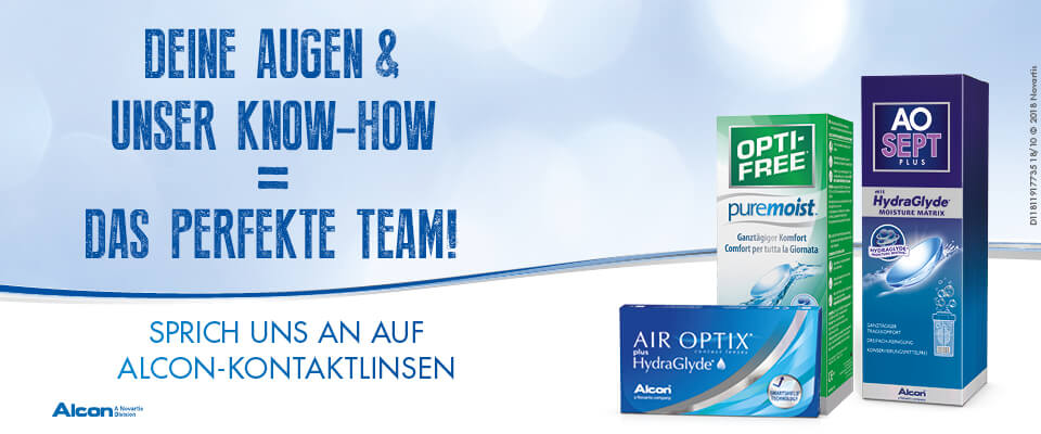 Deine Augen und unser Know-How ist gleich das perfekte Team. Sprich uns an auf Alcon-Kontaktlinsen.